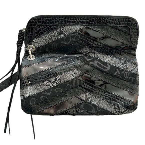 Bebe Multi Textured Black Leather Large Zip Clutch Wrist Strap Tassel Zip 7x13”